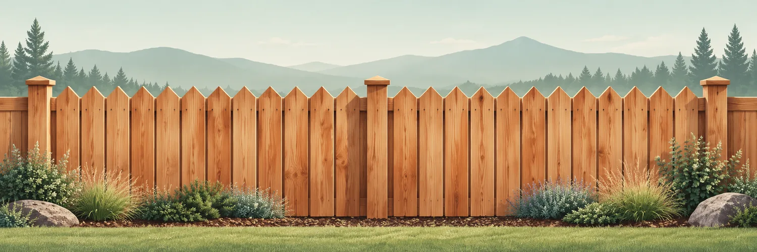 Illustration of a cedar picket privacy fence with natural wood grain and Central Oregon mountain scenery