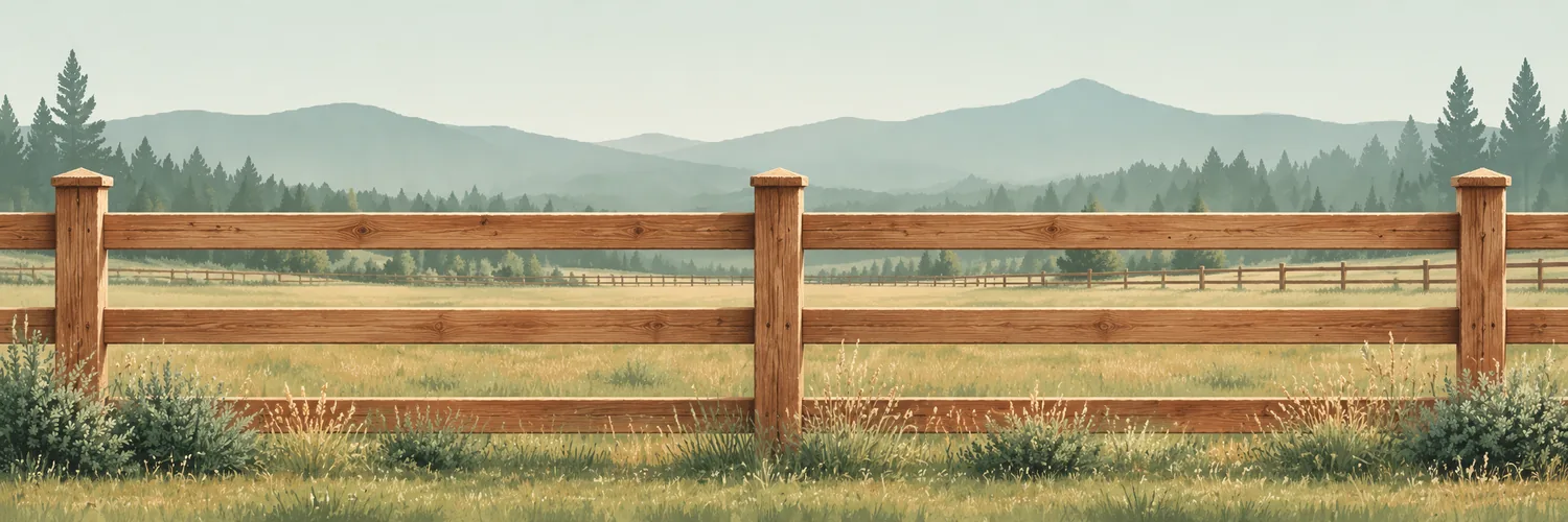 Illustration of a wooden three-rail ranch fence beside an open Central Oregon pasture