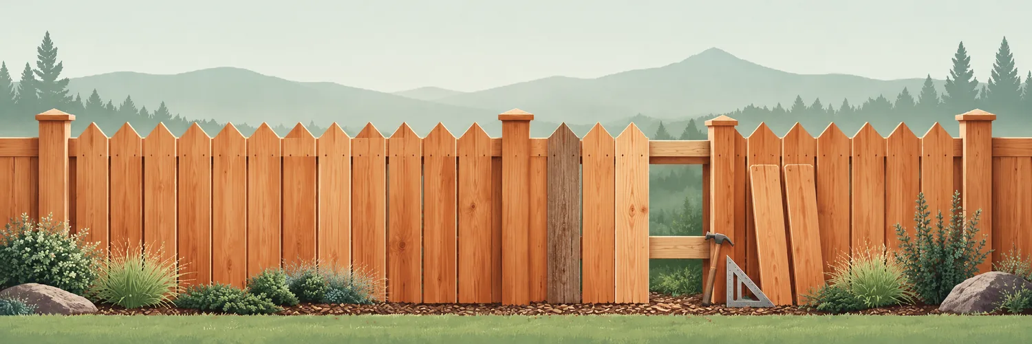 Illustration of cedar fencing under repair, with replacement pickets and hand tools