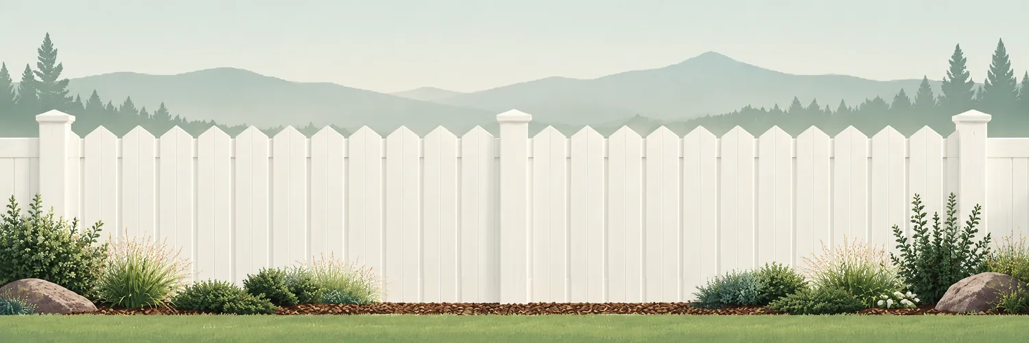 Illustration of a white vinyl picket privacy fence with a neat landscaped border